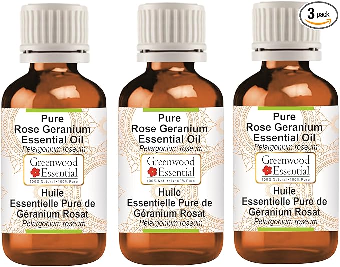 Greenwood Essential Pure Rose Geranium Essential Oil (Pelargonium roseum) Steam Distilled (Pack of Three) 100ml X 3 (10.1oz)